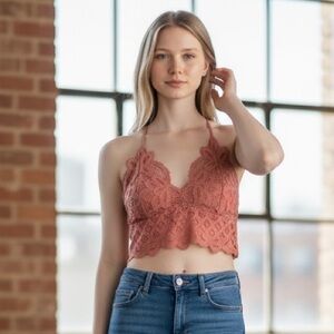 Free People Lace Bandeau in Rust crop top lace open back size L floral lined